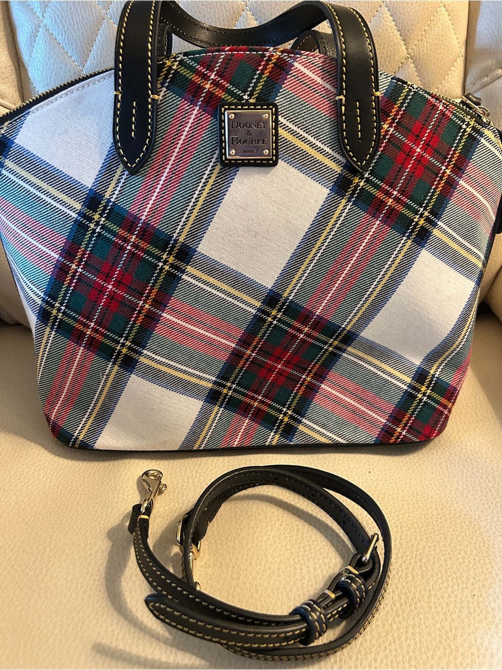 Dooney & Bourke White Plaid Satchel with Red and Green Accents